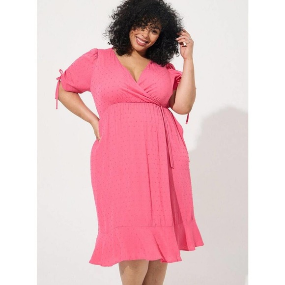 Torrid Dress Womens 2X Pink Midi Swiss Pockets Barbiecore Ruffle V Neck Flowy 1 - Picture 3 of 9